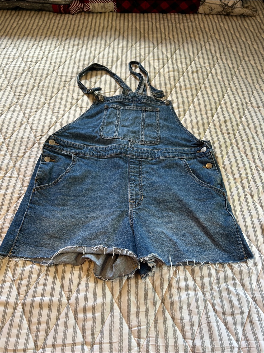 No Boundaries Blue Denim Short Overalls with Frayed Hemline